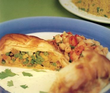 Moroccan-spiced vegetable and almond pastries with a cucumber-coriander yoghurt sauce