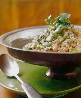 Moroccan spring couscous with barley, fresh fava beans, and buttermilk
