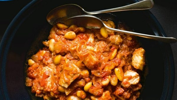 Moroccan-style monkfish and almond tagine with steamed couscous