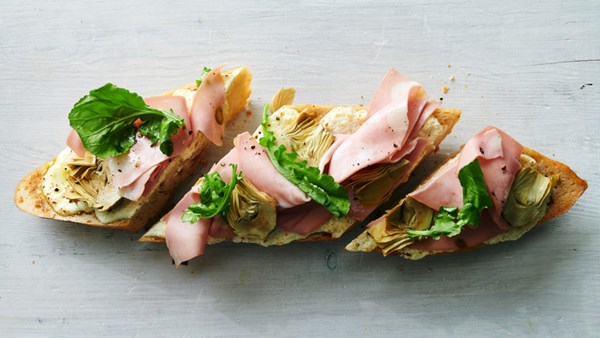 Mortadella-and-marinated-artichoke tartines