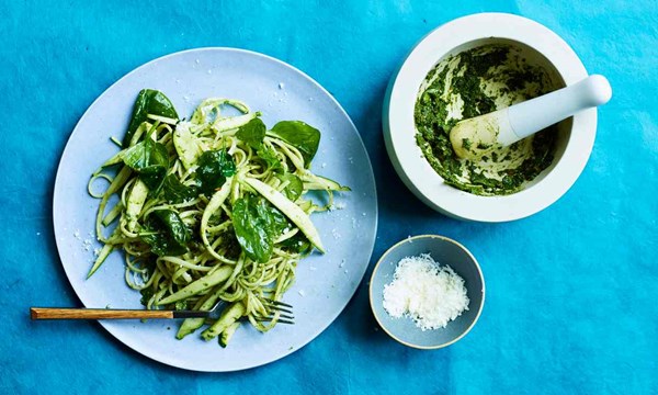 Mortar and pestle pesto pasta, courgette tagliatelle and baby spinach