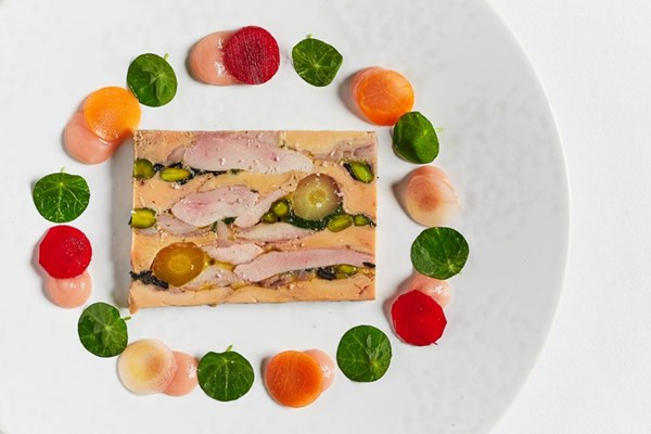  Mosaic of quail and foie gras with trompettes, pistachio, quince and carrot