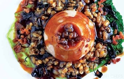 Mousseline of grouse with pearl barley, Savoy cabbage, pancetta and red wine
