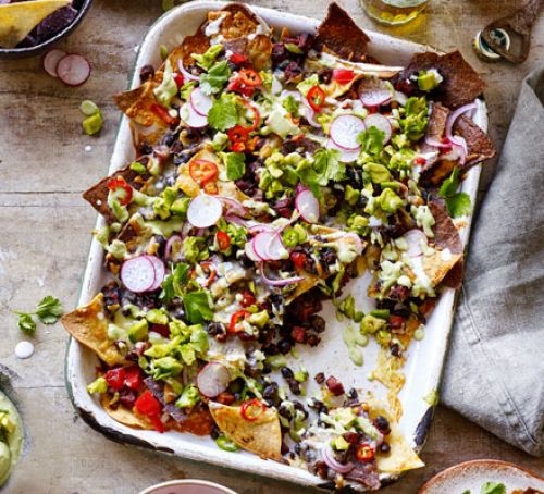 Movie night nachos with chorizo & creamy guacamole