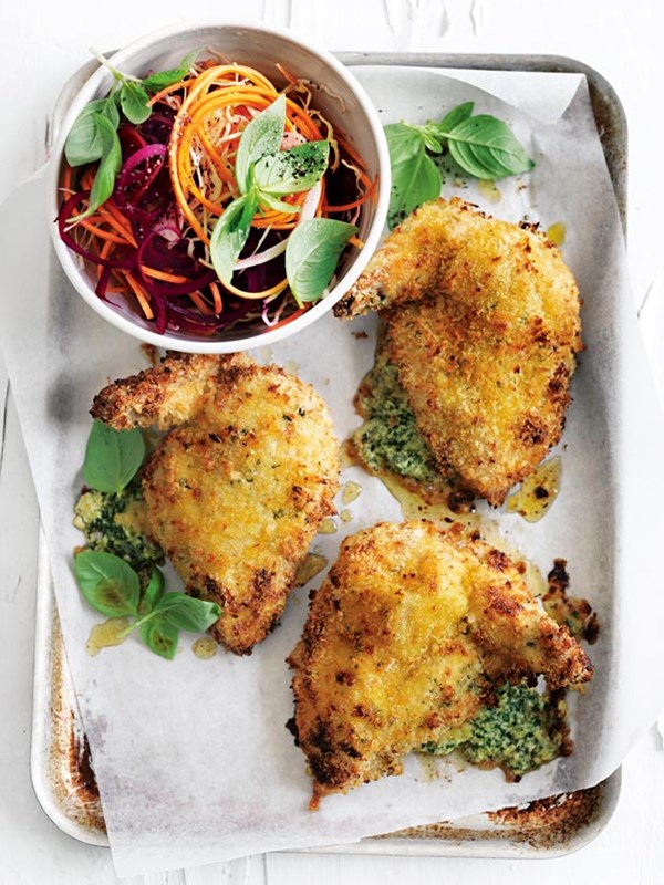 Mozzarella and basil-stuffed chicken with summer slaw