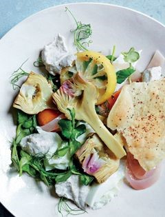 Mozzarella, artichokes, walnut sauce and sumac lavosh