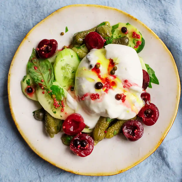 Mozzarella cucumber, gherkin, cherries