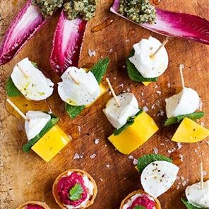 Mozzarella, mint and mango skewers