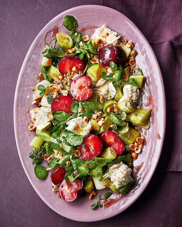 Mozzarella, quick-pickled plums & burnt leek salad 