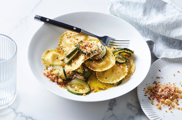 Mozzarella ravioli with confit zucchini and pecorino pangrattato
