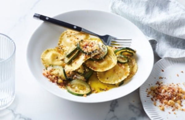 Mozzarella ravioli with confit zucchini and pecorino pangrattato