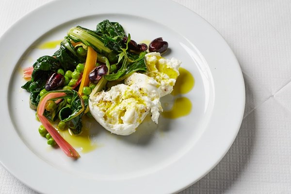 Mozzarella with peas sott'olio, chard and olives