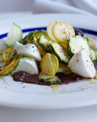 Mozzarella with summer squash and olive puree