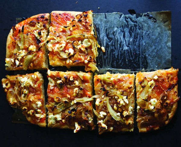 Mrs. Wheelbarrow's focaccia with apricot jam, caramelized onions, and fennel