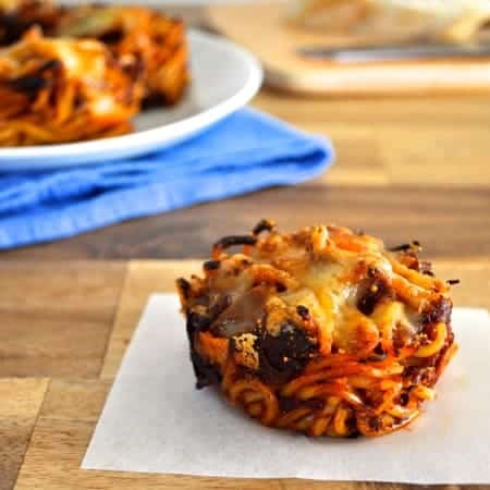 Muffin tin spaghetti nests (using leftover pasta)