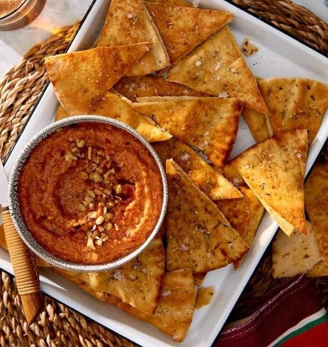 Muhammara with cumin pita chips