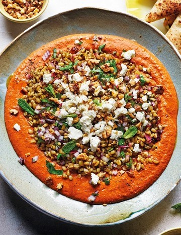 Muhammara with herby grain salad, feta and flatbreads