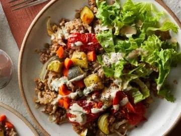 Mujadara bowls with parsley-tahini sauce
