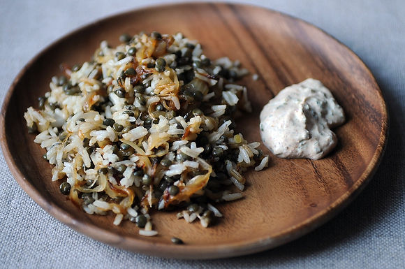 Mujaddara with spiced yogurt
