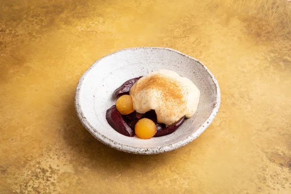 Mulled quince, mandarin, crème fraîche ice cream, eggnog mousse