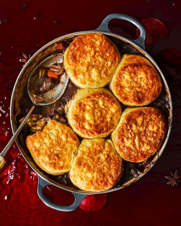 Mulled wine-braised venison cobbler 