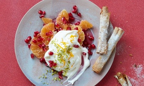 Mulled wine jelly with hazelnut sponge and vanilla cream