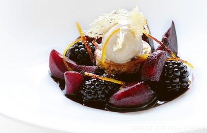 Mulled winter fruits with cinnamon ice cream