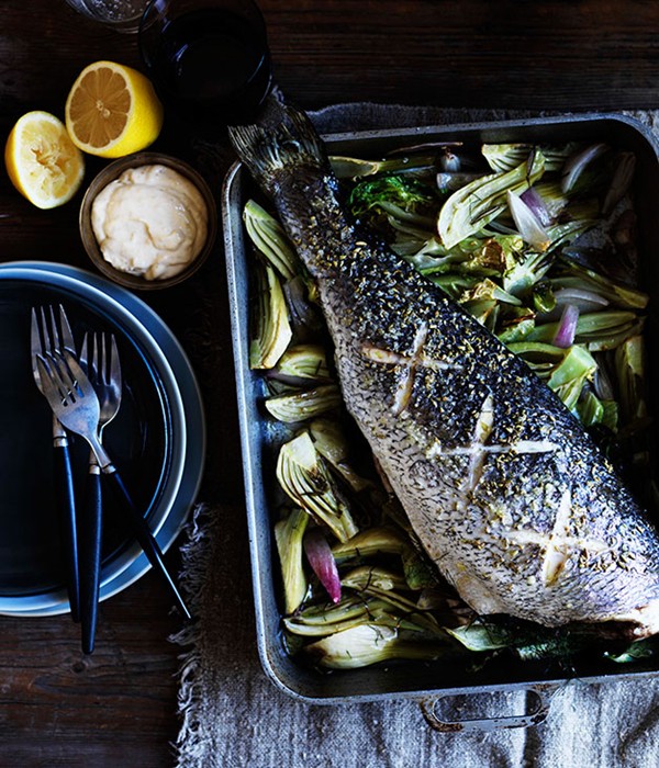 Mulloway with gem lettuce, fennel and anchovies