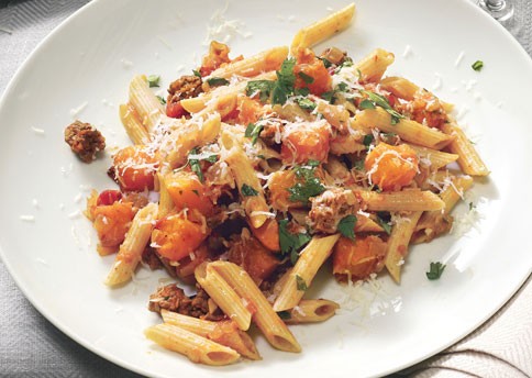 Multi-grain pasta with butternut squash, ground lamb, and kasseri