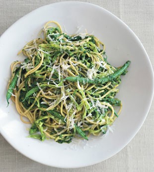 Multi-grain pasta with Sicilian salsa verde, cabbage, and haricots verts