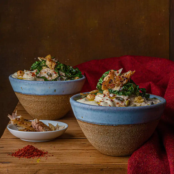 Multigrain porridge with kale, hazelnuts and smoked fish