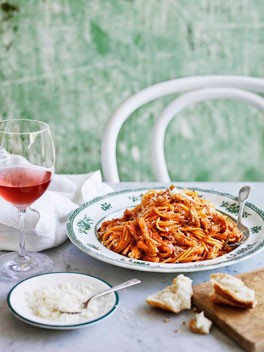 Mum's spaghettini with braised chicken, tomato and rosemary sauce