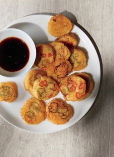 Mung bean pancakes with kimchi and sprouts (Bindaetteok)