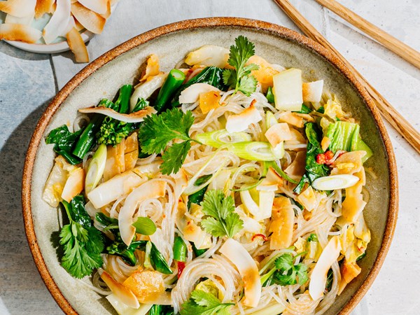 Mung bean vermicelli salad with spiced coconut and greens