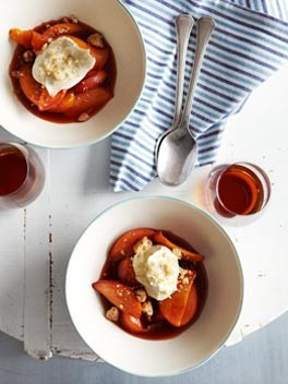 Muscat and orange glazed peaches with mascarpone and crumbled amaretti