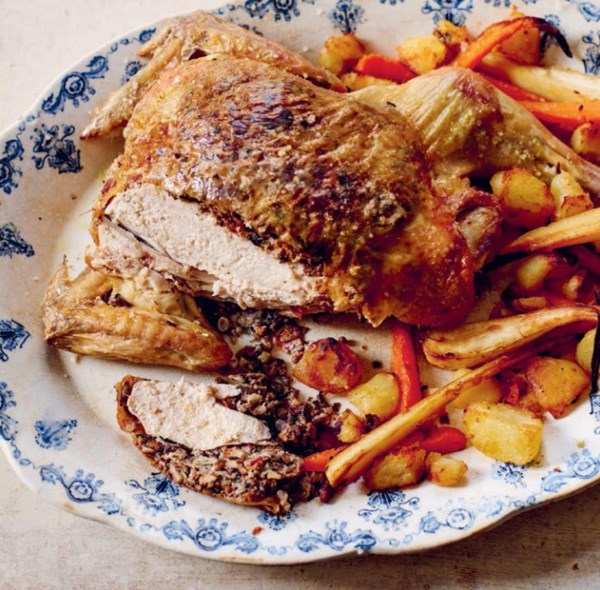 Mushroom- and truffle-stuffed spatchcock chicken