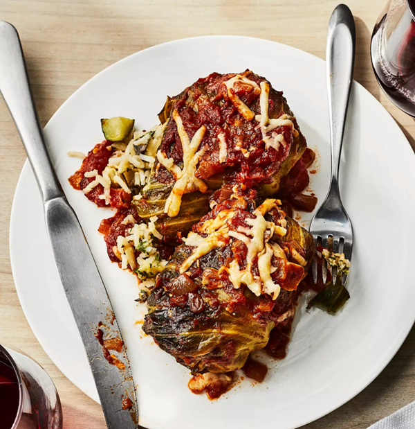 Mushroom & Carolina Gold rice stuffed cabbage rolls