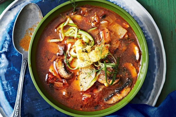 Mushroom & potato soup with croutons and cucumber pickle