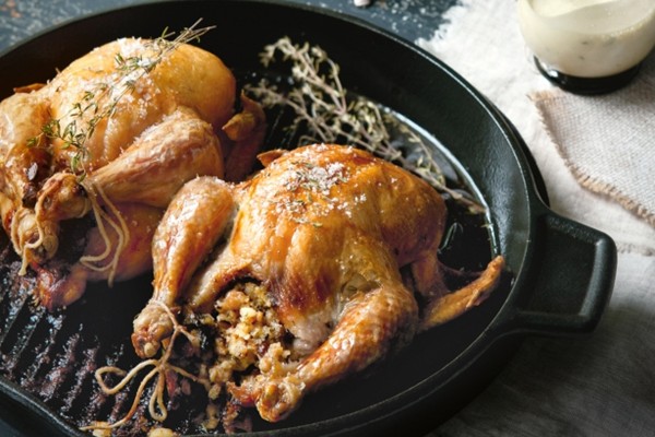 Mushroom & sage stuffed spatchcocks with truffle cream sauce