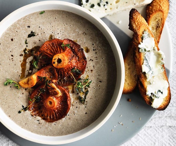 Mushroom & thyme soup with Roquefort croutons