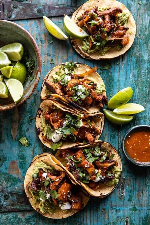 Mushroom al pastor tacos with garlic lime special sauce