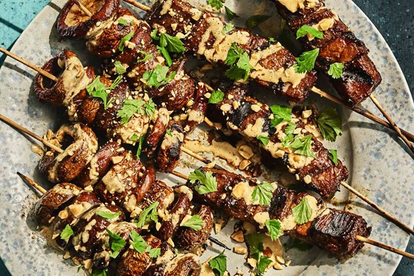 Mushroom and beef satay with coconut-peanut sauce