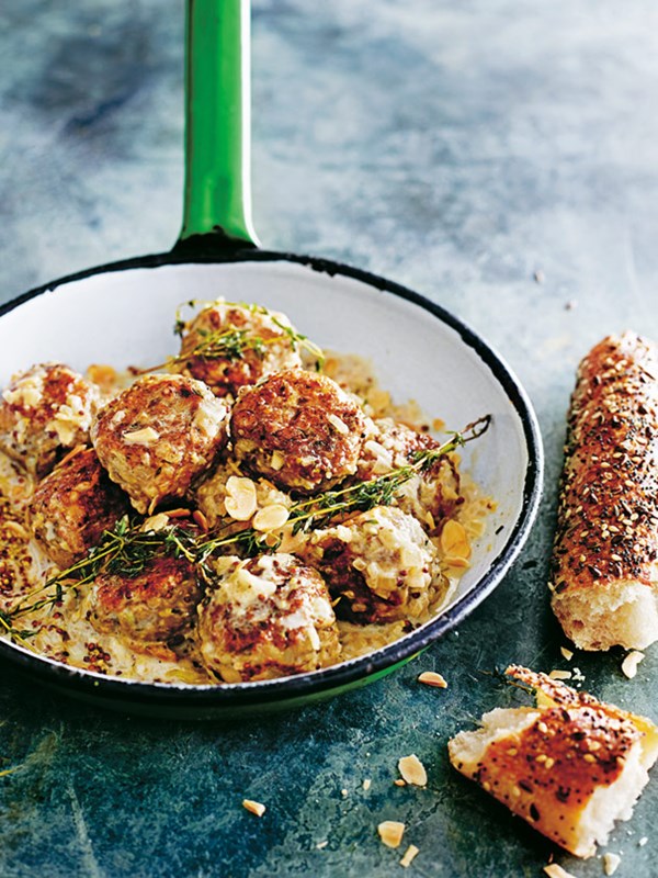 Mushroom and butter bean balls with creamy mustard sauce