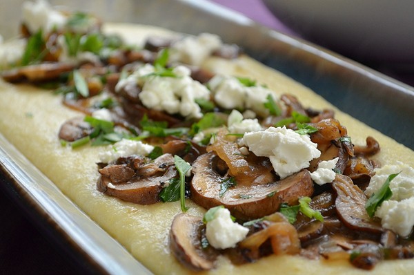 Mushroom and caramelized onion polenta with goat cheese
