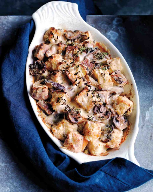Mushroom and celery-root bread pudding