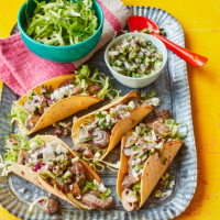 Mushroom and feta tacos with apple salsa