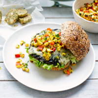 Mushroom and Gruyère burgers with sweetcorn salsa