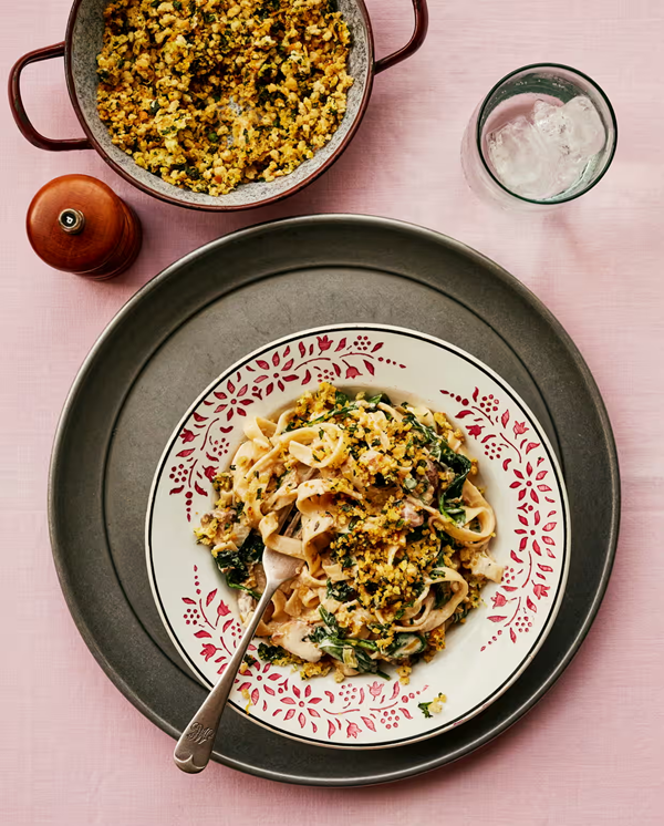 Mushroom and leek tagliatelle with pangrattato