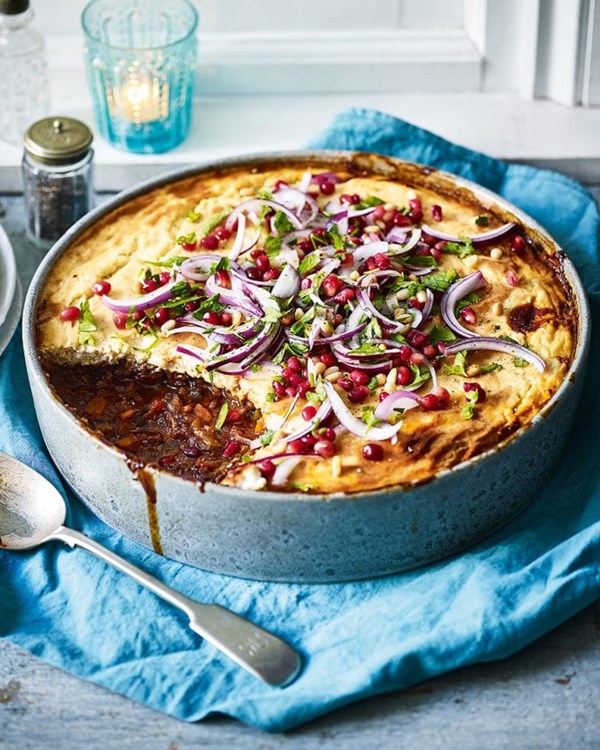 Mushroom and lentil bake with tahini crust and red onion salad 