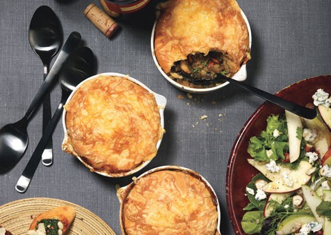 Mushroom and lentil pot pies with Gouda biscuit topping